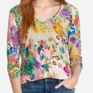 Johnny Was Light Dreamer Bamboo Long Sleeve Multi Print V Neck Shirt Blouse